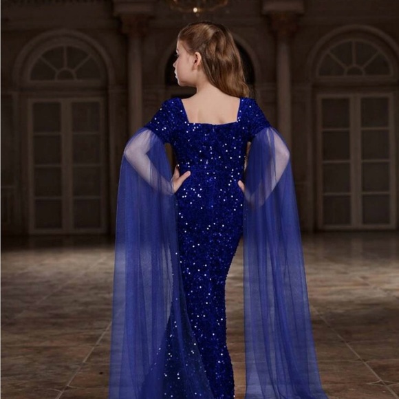Girls Sparkly, Mermaid Dress With High Neckline And Extra Long Sheer Sleeves - Picture 1 of 2